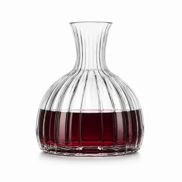 Ribbed glass wine decanter with wide base and elegant narrow neck