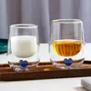 Heart double wall glass cup with blue heart design for tea and milk