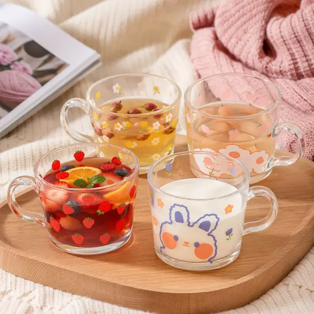 Jiateng cute printed glass mug with cartoon floral and fruit designs