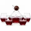 modern red wine decanter set with wooden ball stopper and four stemless wine glasses