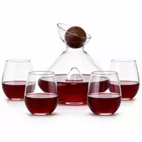modern red wine decanter set with wooden ball stopper and four stemless wine glasses