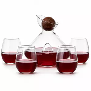 modern red wine decanter set with wooden ball stopper and four stemless wine glasses