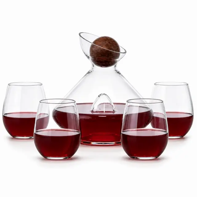 modern red wine decanter set with wooden ball stopper and four stemless wine glasses