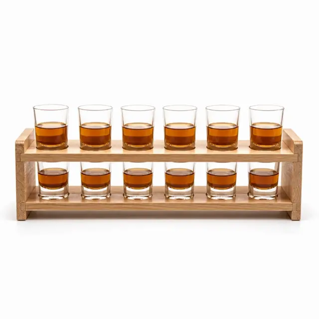 Twelve clear whiskey shot glasses displayed on a two-tier wooden rack