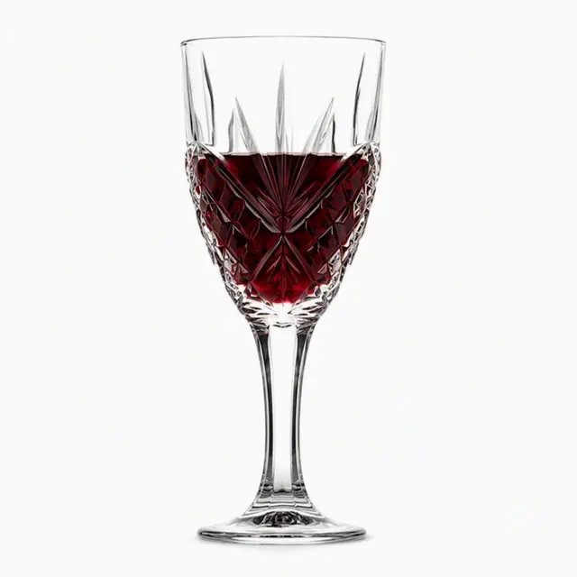 300ml diamond cut wine glass with long stem and decorative geometric bowl