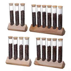 Premium glass coffee bean storage tube set with bamboo lids and wooden display stand