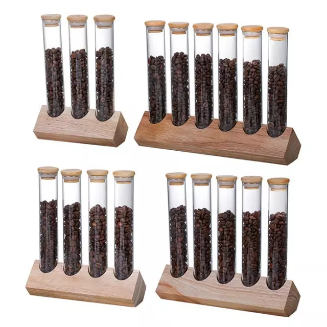 Premium glass coffee bean storage tube set with bamboo lids and wooden display stand