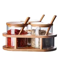 Jiateng glass seasoning jar set with bamboo lids, spoons, and serving tray for modern kitchens