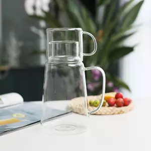 Stackable glass water carafe with matching drinking cup for bedside and home hydration