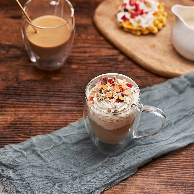Jiateng clear double-wall glass cup, stylish and practical for serving hot or cold beverages, perfect for home, café, or office use