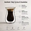 Side view of a 98mm tall hourglass double wall coffee glass showing the curved outer profile and suspended inner chamber