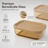 Two sizes of stackable rectangular glass food storage containers featuring beige fitted lids and clear glass bodies for kitchen organization